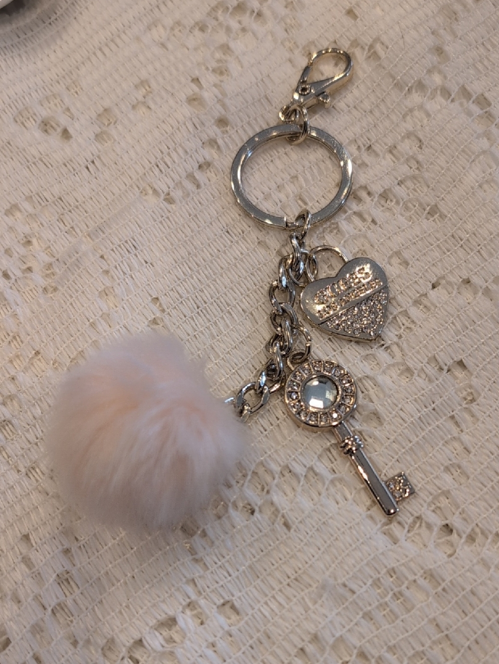 GUESS Los Angeles Gold Toned Bag Charm - Pink Faux Fur Pom-Pom & Crystal Heart